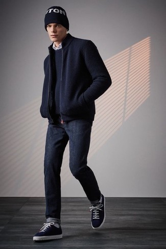500+ Fall Outfits For Men: This combo of a navy crew-neck sweater and navy jeans spells comfort without compromising style. Introduce navy suede low top sneakers to the equation and ta-da: your look is complete. There's nothing like a knockout outfit to cheer up a bleak fall afternoon.