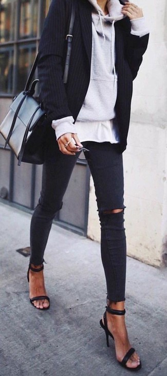 Women's Black Ripped Skinny Jeans, White Crew-neck T-shirt, Black Vertical Striped Blazer, Grey Hoodie