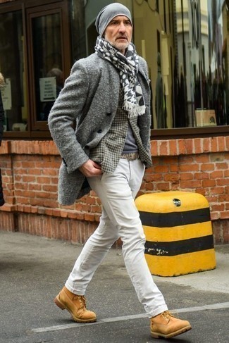 White and Black Print Scarf Outfits For Men: 