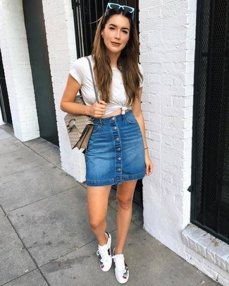 White Sneakers with Blue Denim Skirt 