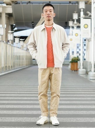 Orange Cable Sweater Outfits For Men: 