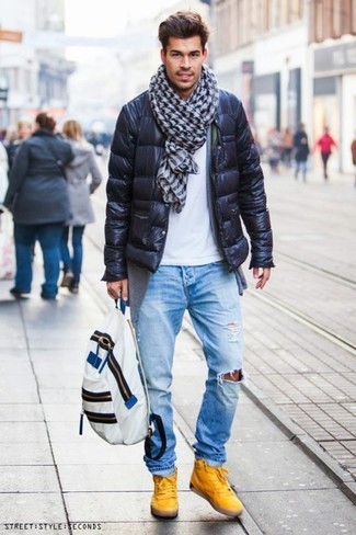 White and Black Houndstooth Scarf Chill Weather Outfits For Men: 