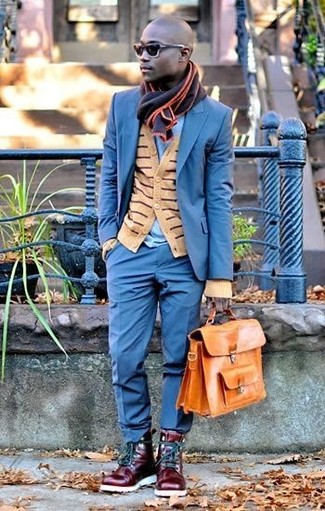 Tan Horizontal Striped Cardigan Outfits For Men: 