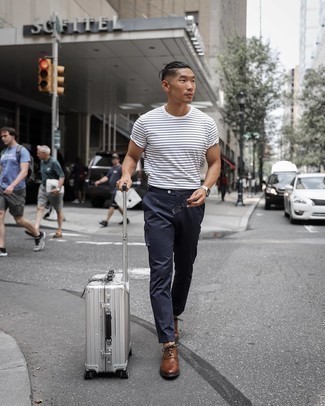 Men's White and Black Horizontal Striped Crew-neck T-shirt, Navy Cargo Pants, Brown Leather Brogues, Silver Suitcase