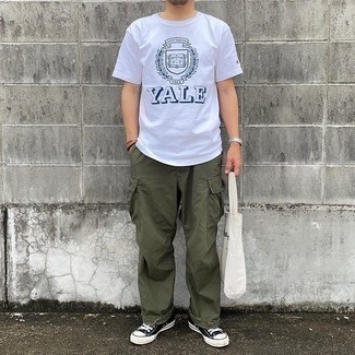 Men's White and Navy Print Crew-neck T-shirt, Olive Cargo Pants, Black and White Canvas Low Top Sneakers, Silver Watch