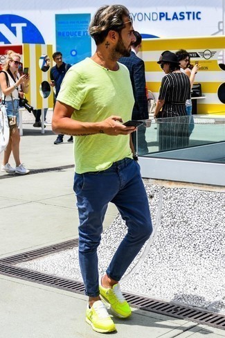 Men's Green-Yellow Crew-neck T-shirt, Navy Chinos, Green-Yellow Athletic Shoes, Black Sunglasses