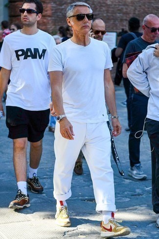 Men's White Crew-neck T-shirt, White Chinos, Yellow Athletic Shoes, Black Sunglasses