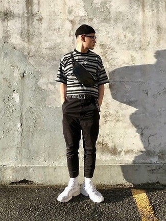 Black Woven Leather Belt Outfits For Men: To achieve a casual outfit with a twist, try teaming a grey horizontal striped crew-neck t-shirt with a black woven leather belt. White athletic shoes are an effective way to inject an extra touch of style into this outfit.