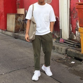 Men's White Crew-neck T-shirt, Olive Chinos, White Athletic Shoes, Tan Canvas Tote Bag