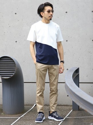 Men's White and Navy Crew-neck T-shirt, Khaki Chinos, Navy and White Athletic Shoes, Dark Brown Sunglasses