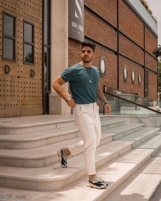 Men's Teal Crew-neck T-shirt, White Chinos, Grey Athletic Shoes, Brown Sunglasses