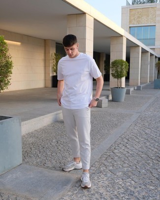 Men's White Crew-neck T-shirt, Grey Chinos, Grey Athletic Shoes, Silver Watch