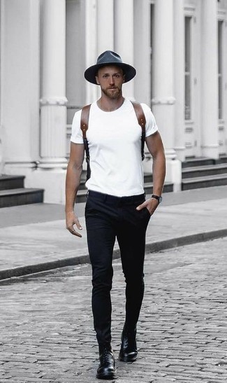 Charcoal Wool Hat Outfits For Men: This street style pairing of a white crew-neck t-shirt and a charcoal wool hat can only be described as outrageously stylish. Add a pair of black leather casual boots to your outfit to effortlessly dial up the style factor of any look.
