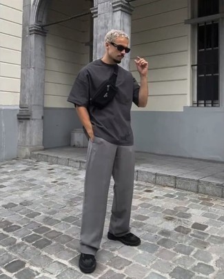 Sunglasses Outfits For Men: If you gravitate towards comfort dressing, why not try teaming a charcoal crew-neck t-shirt with sunglasses? Black chunky suede derby shoes will bring a sense of refinement to an otherwise everyday outfit.