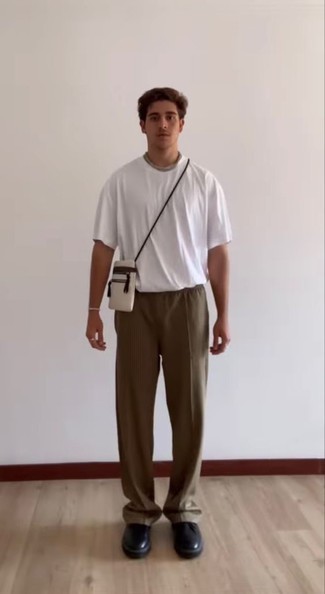 Men's White Crew-neck T-shirt, Brown Chinos, Black Leather Derby Shoes, White Canvas Messenger Bag