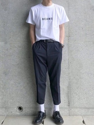 Men's White and Black Print Crew-neck T-shirt, Black Vertical Striped Chinos, Black Leather Derby Shoes, Black Leather Belt