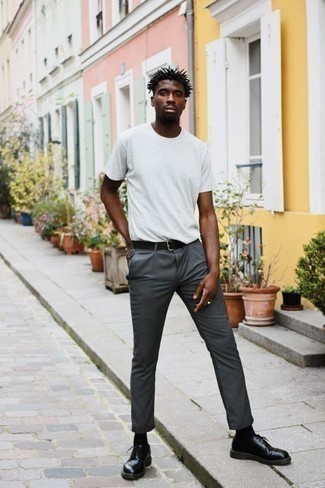 Men's White Crew-neck T-shirt, Charcoal Chinos, Black Leather Derby Shoes, Black Leather Belt