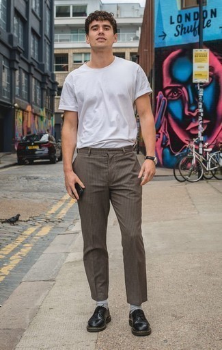 Men's White Crew-neck T-shirt, Brown Check Chinos, Black Leather Derby Shoes, Black Leather Watch