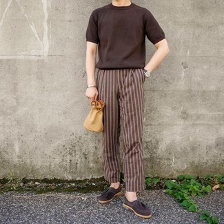 Brown Crew-neck T-shirt Outfits For Men: This combo of a brown crew-neck t-shirt and brown vertical striped chinos is on the casual side but is also sharp and seriously dapper. Amp up your ensemble with a pair of dark brown suede desert boots.