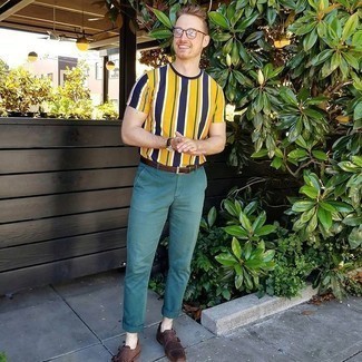 Dark Brown Leather Double Monks Hot Weather Outfits: Why not try teaming a mustard vertical striped crew-neck t-shirt with teal chinos? These two items are totally functional and look great matched together. You know how to dress up this outfit: dark brown leather double monks.