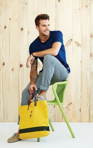 Men's Navy Crew-neck T-shirt, White and Blue Vertical Striped Chinos, Tan Suede Driving Shoes, Yellow Canvas Tote Bag