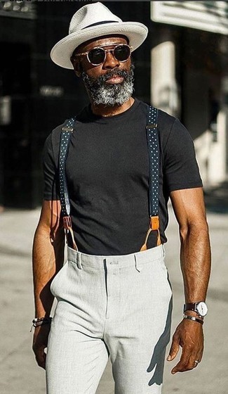 Navy and White Suspenders Outfits: Why not marry a black crew-neck t-shirt with navy and white suspenders? As well as very practical, these items look cool matched together.