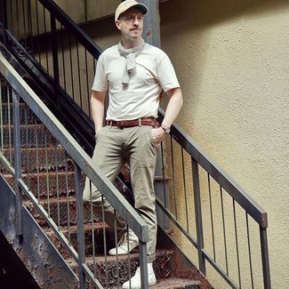 Men's White Crew-neck T-shirt, Olive Chinos, White Canvas High Top Sneakers, Beige Print Baseball Cap