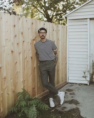 Grey Socks Outfits For Men: The go-to for a kick-ass off-duty look? A white and black horizontal striped crew-neck t-shirt with grey socks. White canvas high top sneakers are a simple way to upgrade this outfit.