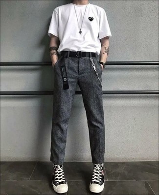 Black Canvas Belt Outfits For Men: Pairing a white crew-neck t-shirt with a black canvas belt is an on-point option for a casually stylish outfit. Don't know how to complete this getup? Wear a pair of black and white canvas high top sneakers to turn up the style factor.
