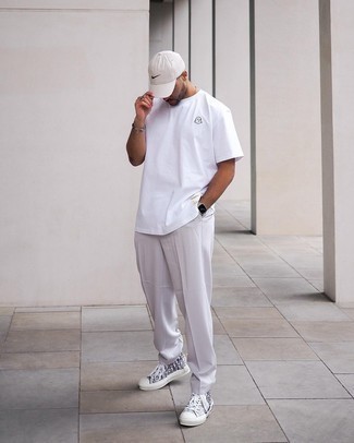Men's White Crew-neck T-shirt, Grey Chinos, Grey Print Canvas High Top Sneakers, White Baseball Cap