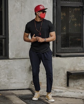 Burgundy Print Baseball Cap Outfits For Men: For a casual and cool look, consider teaming a black crew-neck t-shirt with a burgundy print baseball cap — these two pieces play really great together. Introduce a pair of tan canvas high top sneakers to the equation to mix things up.
