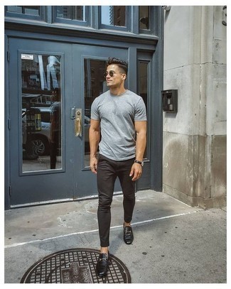 Men's Grey Crew-neck T-shirt, Dark Brown Chinos, Black Leather Loafers, Dark Brown Sunglasses
