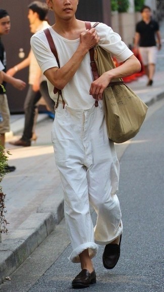 Tobacco Suspenders Outfits: Make a white crew-neck t-shirt and tobacco suspenders your outfit choice for a relaxed look that's easy to pull together. Take the classic route in the shoe department by slipping into dark brown leather loafers.