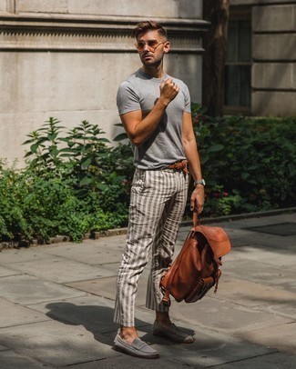 Men's Grey Crew-neck T-shirt, White Vertical Striped Chinos, Grey Suede Loafers, Tobacco Leather Backpack