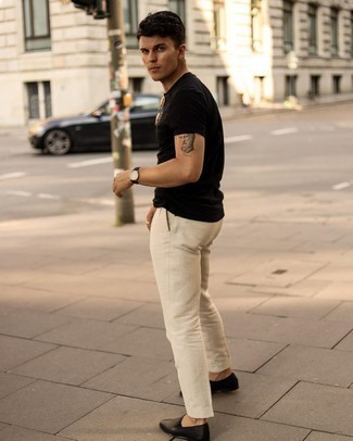 Men's Black Crew-neck T-shirt, Beige Chinos, Black Leather Loafers, Brown Sunglasses