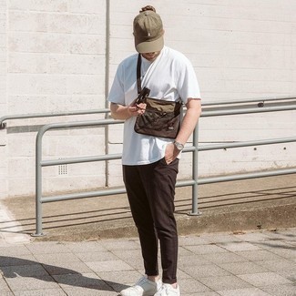 Olive Baseball Cap Outfits For Men: To assemble an off-duty look with an urban twist, consider pairing a white crew-neck t-shirt with an olive baseball cap. If you wish to easily polish off your ensemble with a pair of shoes, complement your look with a pair of white leather low top sneakers.