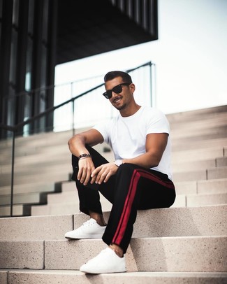 Men's White Crew-neck T-shirt, Black Chinos, White Leather Low Top Sneakers, Black Sunglasses