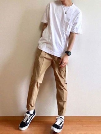 Men's White Crew-neck T-shirt, Khaki Chinos, Black and White Canvas Low Top Sneakers, Black Rubber Watch