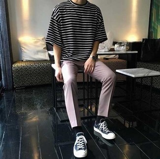 Men's Black and White Horizontal Striped Crew-neck T-shirt, Pink Chinos, Navy and White Canvas Low Top Sneakers, Silver Watch