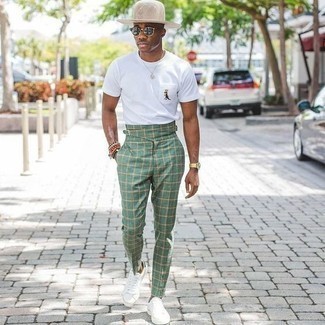 Trousers With Green Check And Elastic Waist