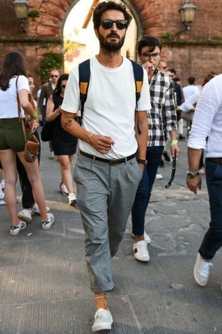 Men's White Crew-neck T-shirt, Grey Chinos, White Canvas Low Top Sneakers, Navy Canvas Backpack
