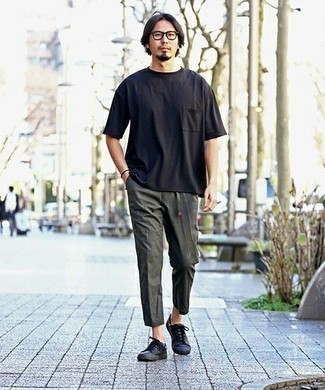 Men's Black Crew-neck T-shirt, Charcoal Chinos, Black Leather Low Top Sneakers, Clear Sunglasses