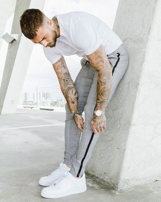Men's White Crew-neck T-shirt, Grey Plaid Chinos, White Leather Low Top Sneakers, Silver Watch