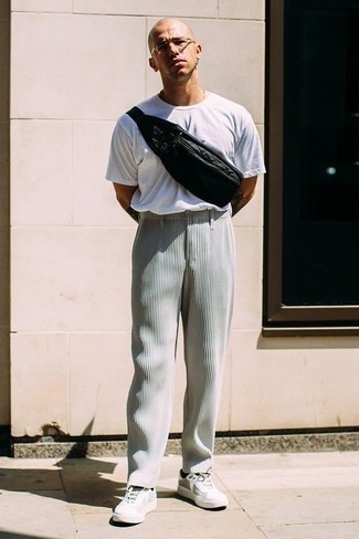 Men's White Crew-neck T-shirt, Grey Vertical Striped Chinos, White Canvas Low Top Sneakers, Black Canvas Fanny Pack