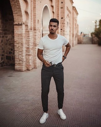 Men's White Crew-neck T-shirt, Black Vertical Striped Chinos, White Canvas Low Top Sneakers, Charcoal Sunglasses