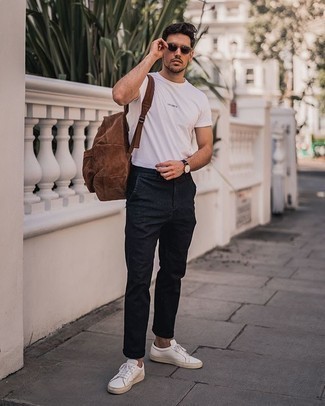 Men's White Crew-neck T-shirt, Navy Chinos, White Canvas Low Top Sneakers, Brown Suede Backpack