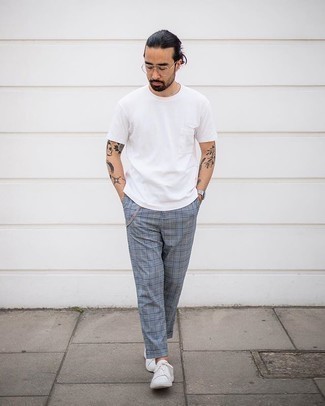 Grey Plaid Chinos with White Low Top Sneakers Outfits: If you like a more laid-back approach to style, why not wear a white crew-neck t-shirt with grey plaid chinos? A pair of white low top sneakers finishes this ensemble very well.