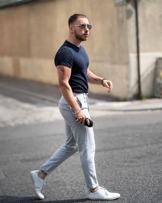 Men's Navy Crew-neck T-shirt, Light Blue Chinos, White Leather Low Top Sneakers, Charcoal Sunglasses