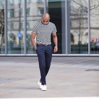 Men's White and Navy Horizontal Striped Crew-neck T-shirt, Navy Chinos, White Canvas Low Top Sneakers, Dark Brown Leather Belt