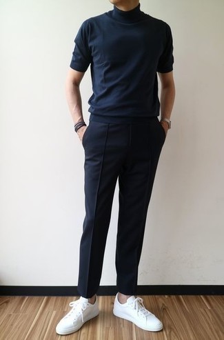 Men's Navy Crew-neck T-shirt, Navy Chinos, White Canvas Low Top Sneakers, Silver Watch